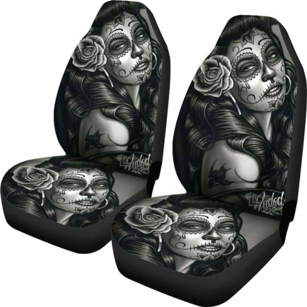 Set 2 Pcs Beautiful Girl Seat Cover Sugar Skulls 101207