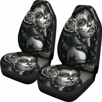 Set 2 Pcs Beautiful Girl Seat Cover Sugar Skulls 101207