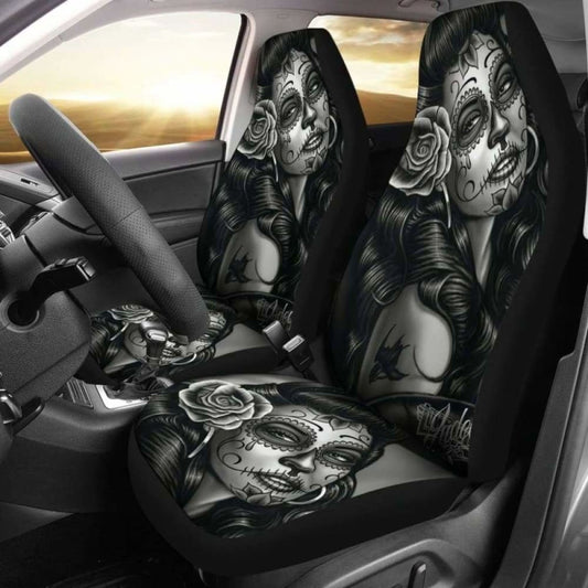 Set 2 Pcs Beautiful Girl Seat Cover Sugar Skulls 101207