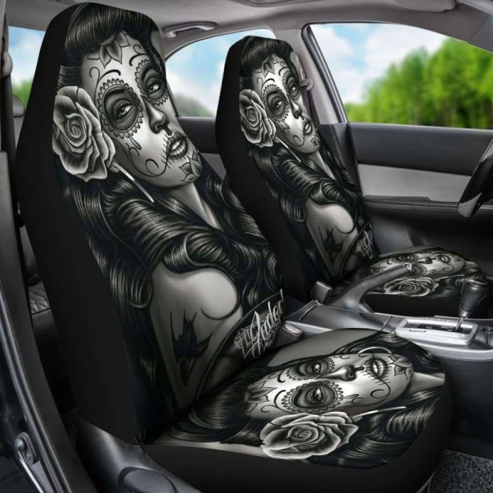 Set 2 Pcs Beautiful Girl Seat Cover Sugar Skulls 101207