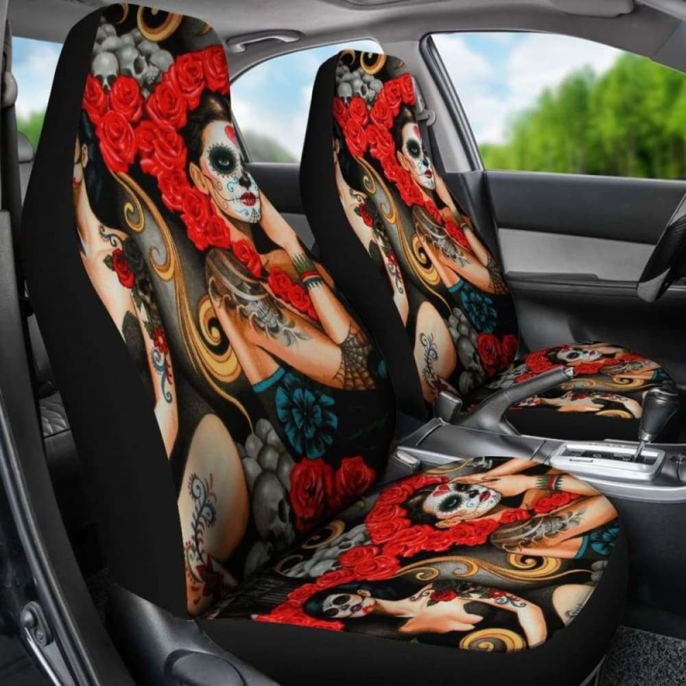 Set 2 Pcs Day Of The Dead Sugar Skull Car Seat Covers 101207
