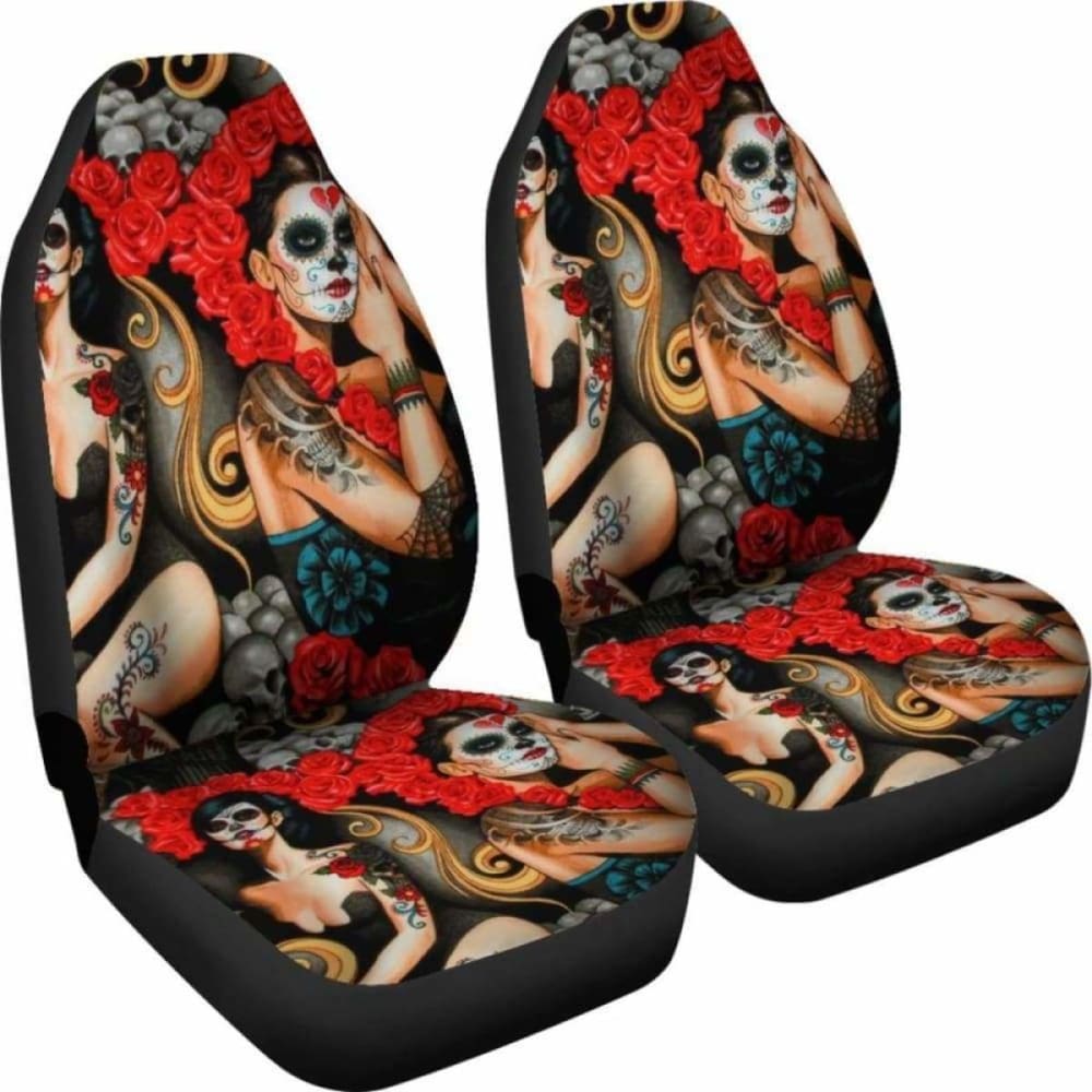 Set 2 Pcs Day Of The Dead Sugar Skull Car Seat Covers 101207
