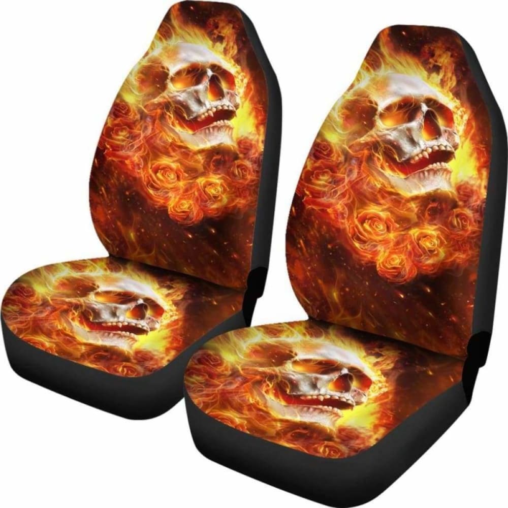 Set 2 Pcs Flaming Skull Fire Skull Seat Cover Sugar Skulls 101207