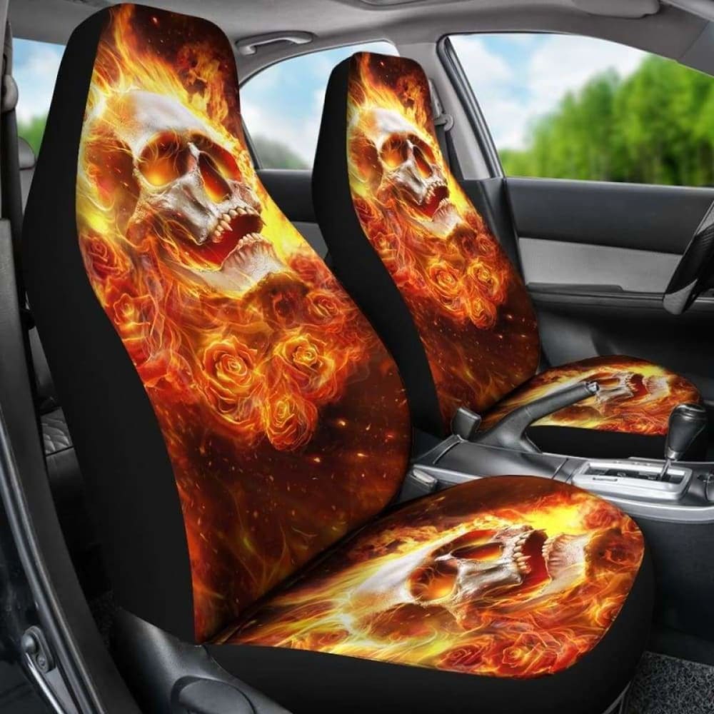 Set 2 Pcs Flaming Skull Fire Skull Seat Cover Sugar Skulls 101207