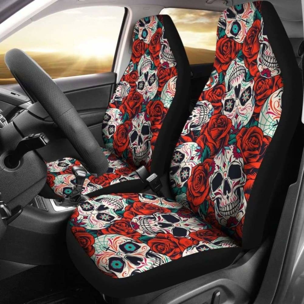 Set 2 Pcs Floral Sugar Skull Car Seat Covers 101207