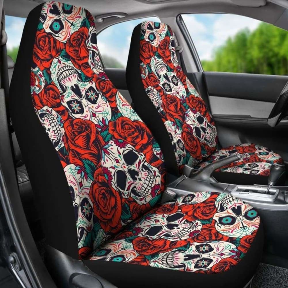 Set 2 Pcs Floral Sugar Skull Car Seat Covers 101207