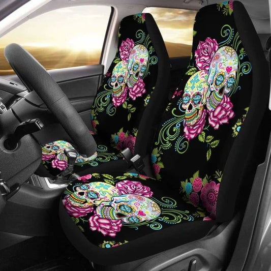 Set 2 Pcs Floral Sugar Skull Car Seat Covers 101207
