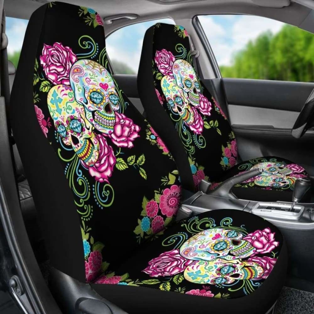 Set 2 Pcs Floral Sugar Skull Car Seat Covers 101207