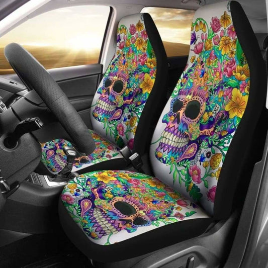 Set 2 Pcs Floral Sugar Skull Day Of The Dead Skull Car Seat Covers 101207