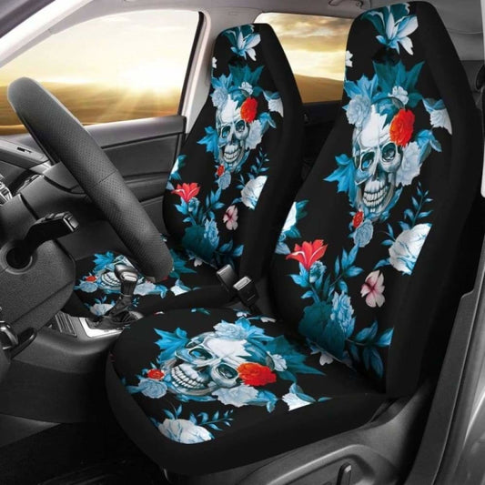 Set 2 Pcs Floral Sugar Skull Day Of The Dead Skull Car Seat Covers 101207