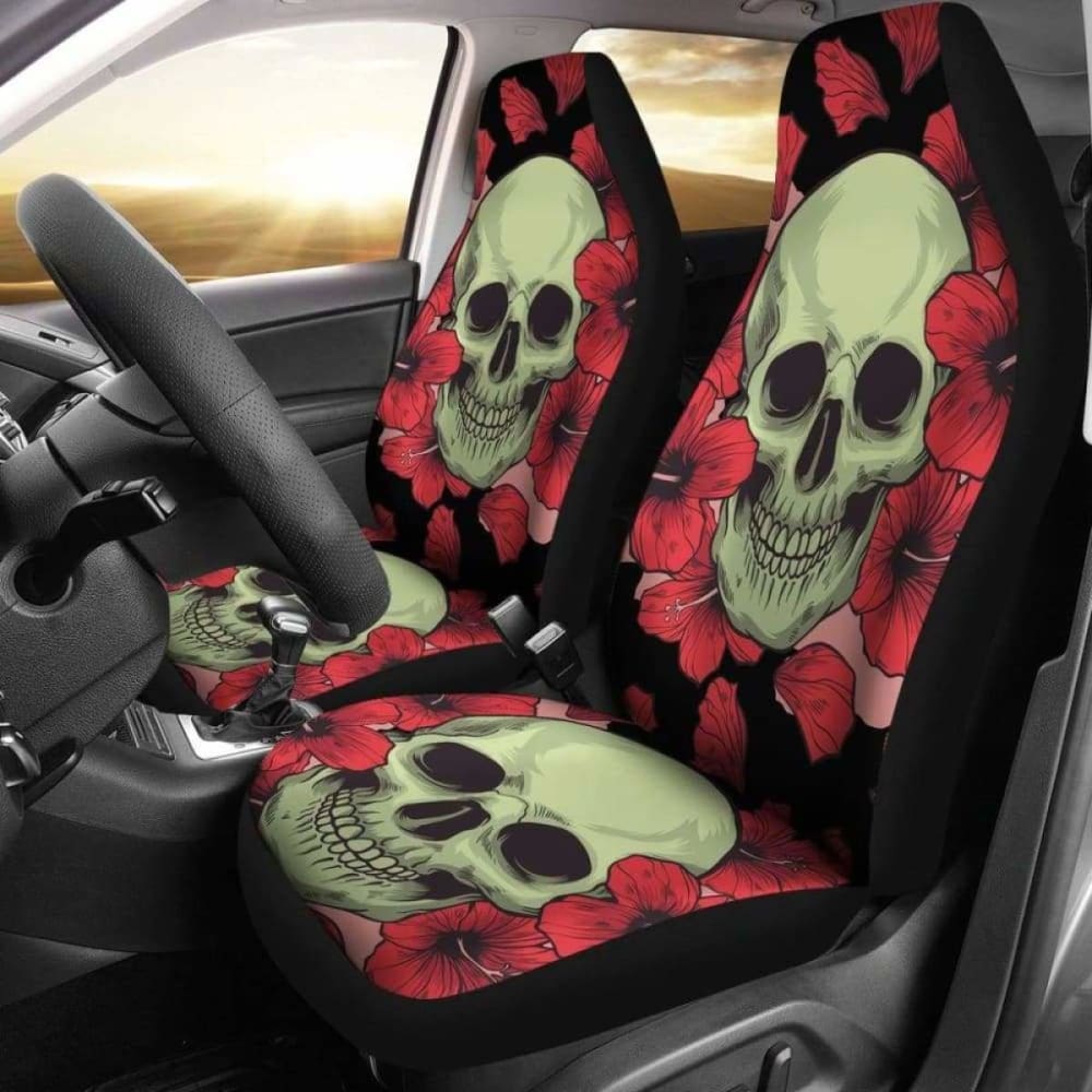 Set 2 Pcs Floral Sugar Skull Day Of The Dead Skull Car Seat Covers 101207
