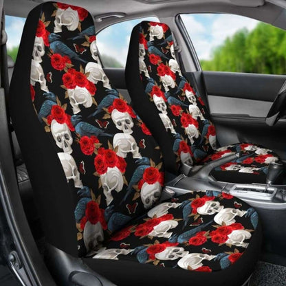 Set 2 Pcs Floral Sugar Skull Day Of The Dead Skull Car Seat Covers 101207