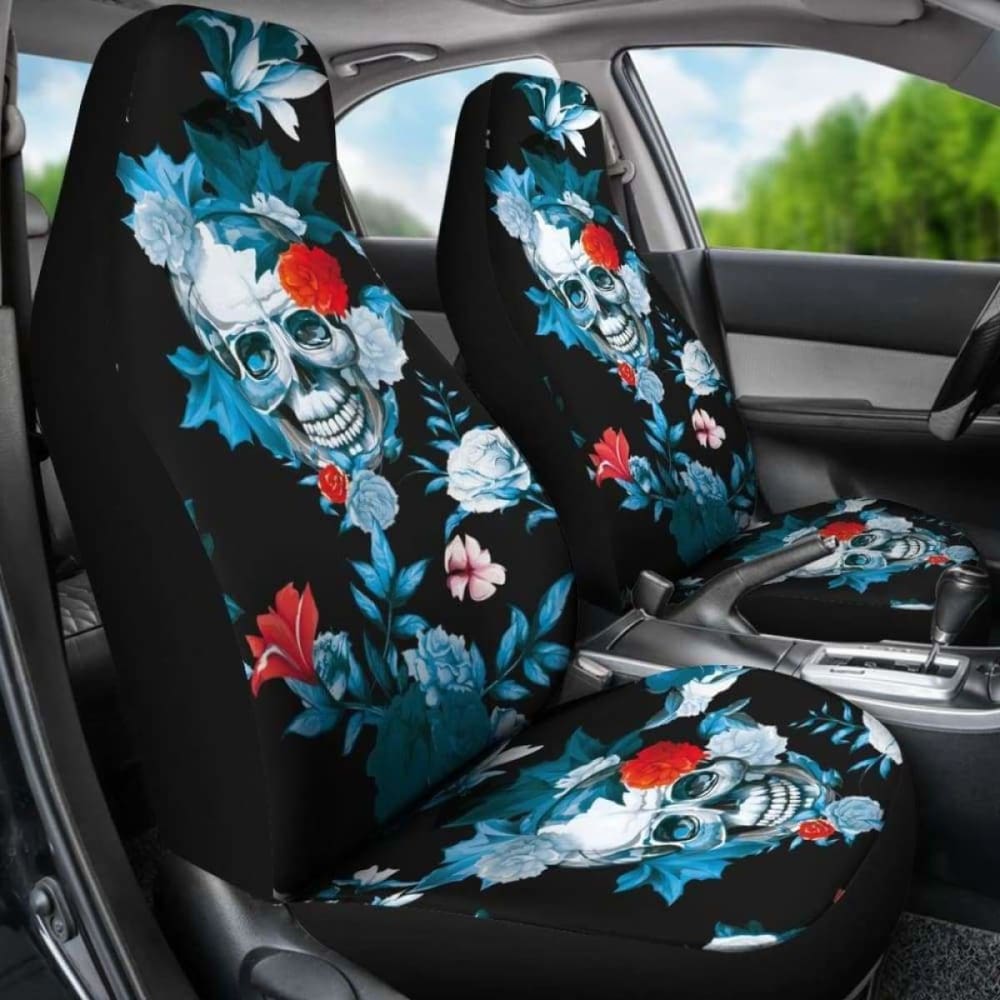 Set 2 Pcs Floral Sugar Skull Day Of The Dead Skull Car Seat Covers 101207