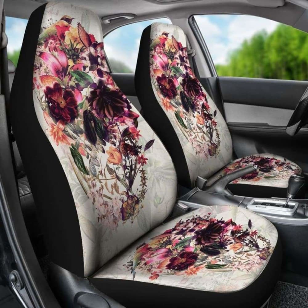 Set 2 Pcs Floral Sugar Skull Day Of The Dead Skull Car Seat Covers 101207