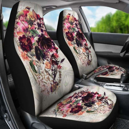 Set 2 Pcs Floral Sugar Skull Day Of The Dead Skull Car Seat Covers 101207