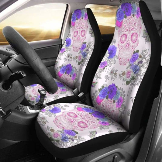 Set 2 Pcs Floral Sugar Skull Day Of The Dead Skull Car Seat Covers 101207