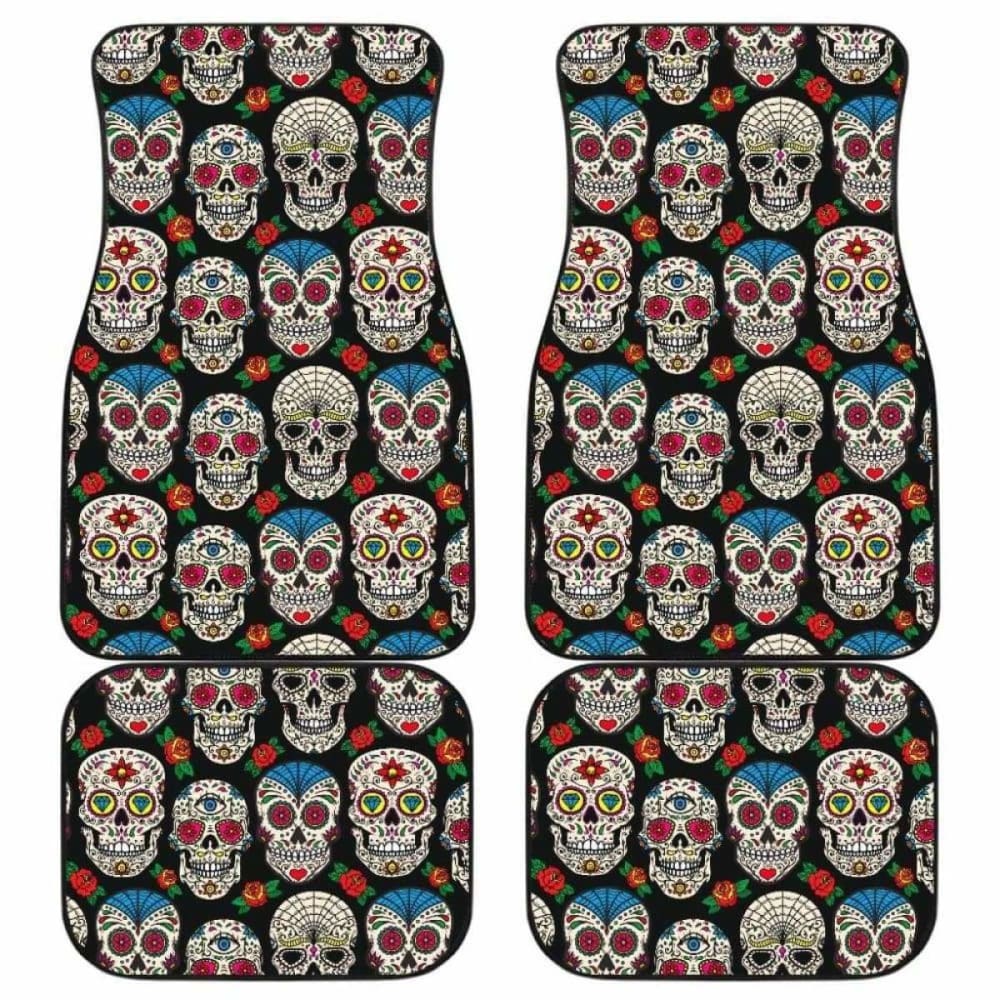 Set 2 Pcs Floral Sugar Skull Day Of The Dead Skull Car Seat Covers 101207