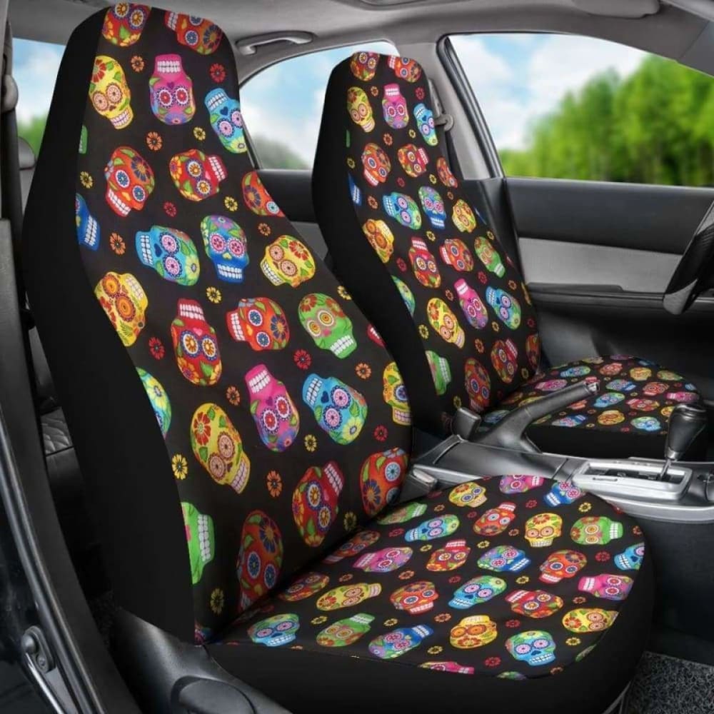 Set 2 Pcs Floral Sugar Skull Day Of The Dead Skull Car Seat Covers 101207