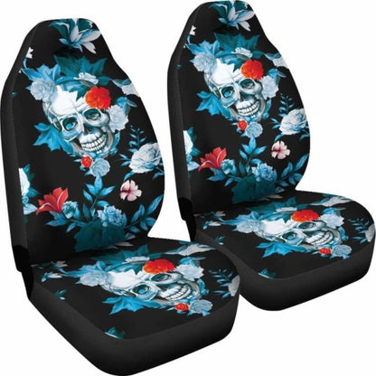 Set 2 Pcs Floral Sugar Skull Day Of The Dead Skull Car Seat Covers 101207