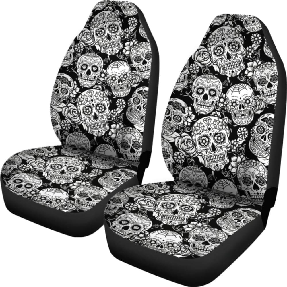 Set 2 Pcs Floral Sugar Skull Day Of The Dead Skull Car Seat Covers 101207