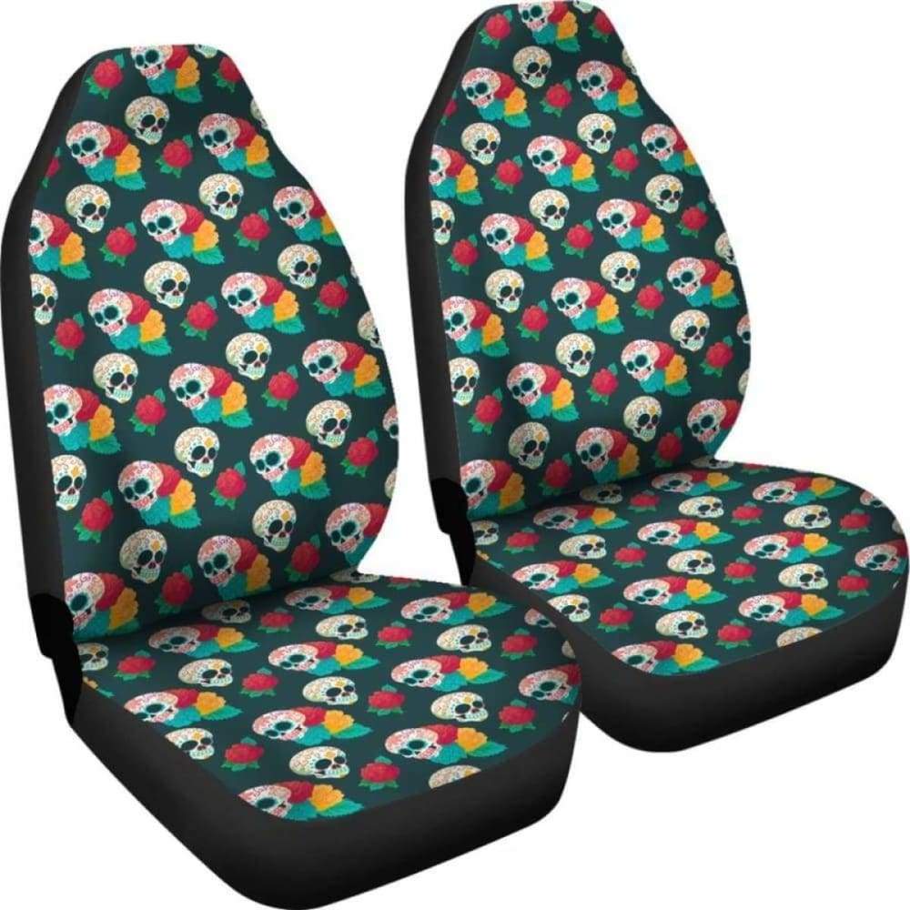 Set 2 Pcs Floral Sugar Skull Day Of The Dead Skull Car Seat Covers 101207