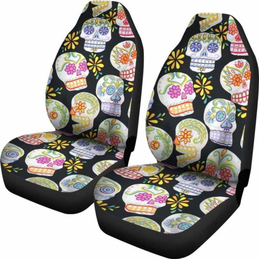 Set 2 Pcs Floral Sugar Skull Day Of The Dead Skull Car Seat Covers 101207