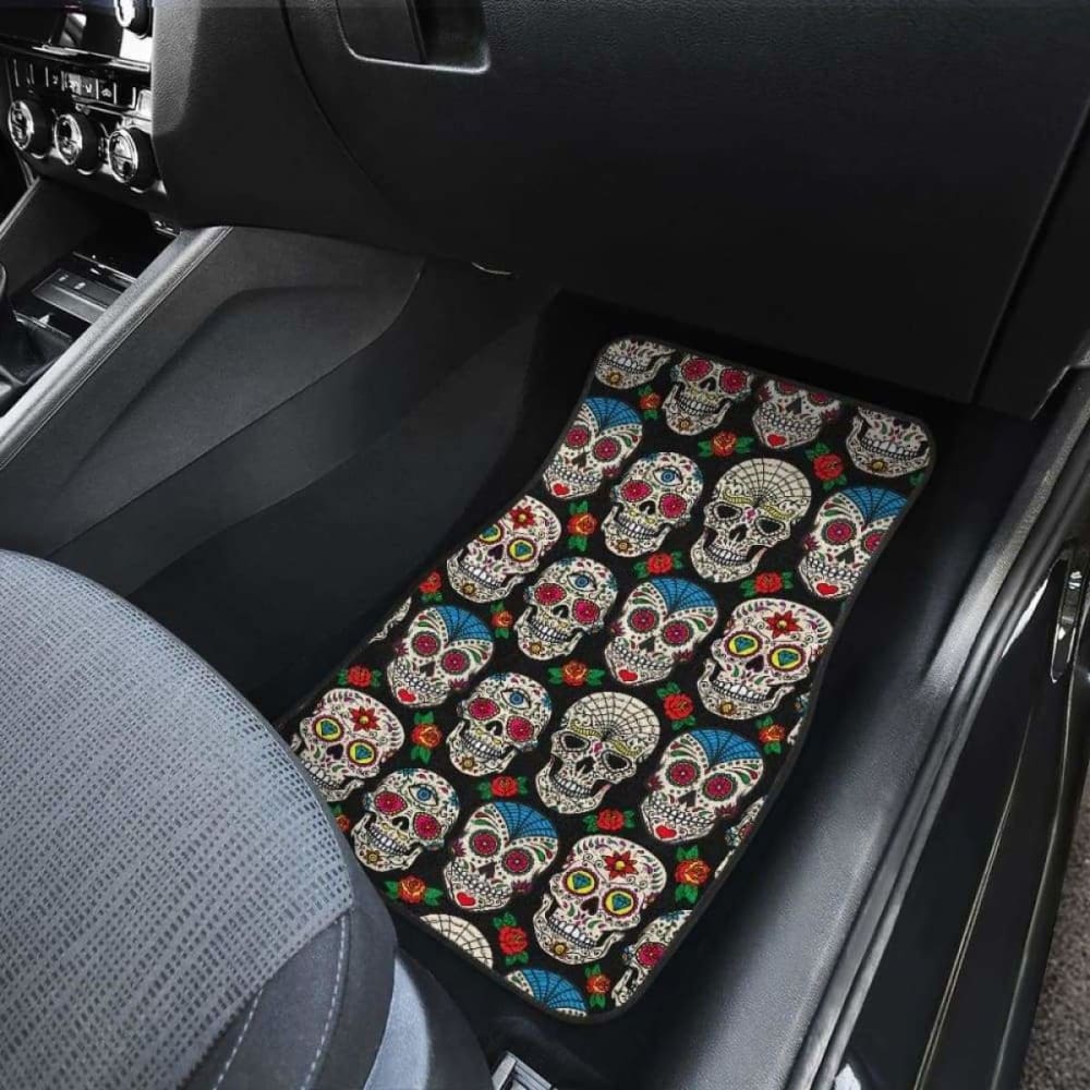Set 2 Pcs Floral Sugar Skull Day Of The Dead Skull Car Seat Covers 101207
