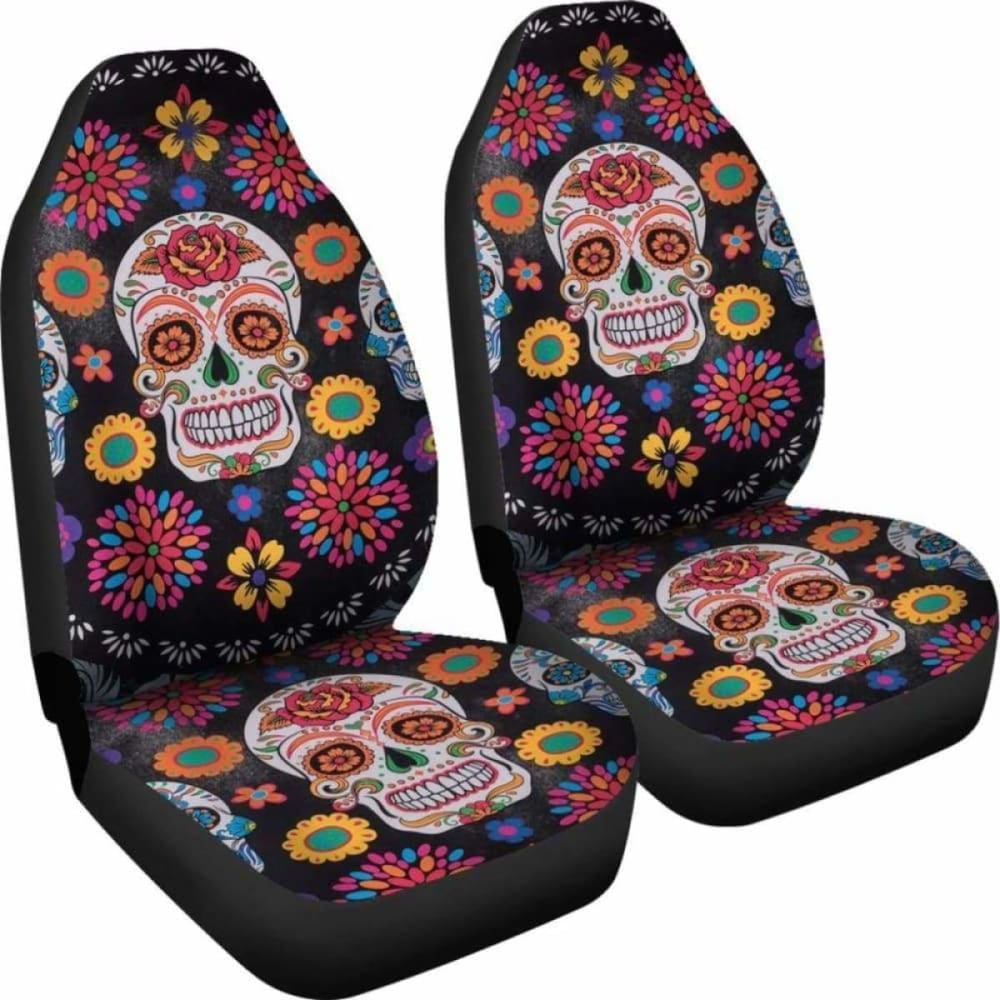 Set 2 Pcs Floral Sugar Skull Day Of The Dead Skull Car Seat Covers 101207