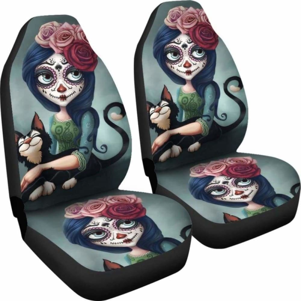 Set 2 Pcs Floral Sugar Skull Day Of The Dead Skull Car Seat Covers 101207
