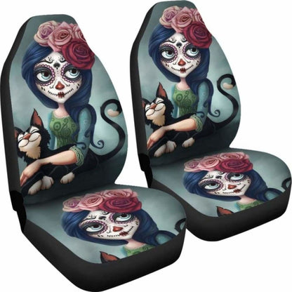 Set 2 Pcs Floral Sugar Skull Day Of The Dead Skull Car Seat Covers 101207