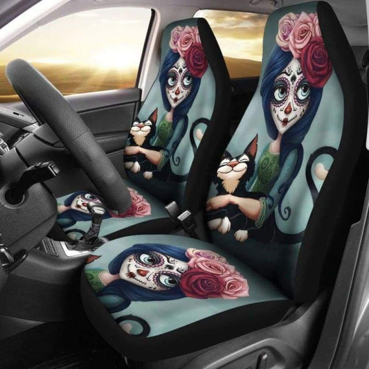 Set 2 Pcs Floral Sugar Skull Day Of The Dead Skull Car Seat Covers 101207