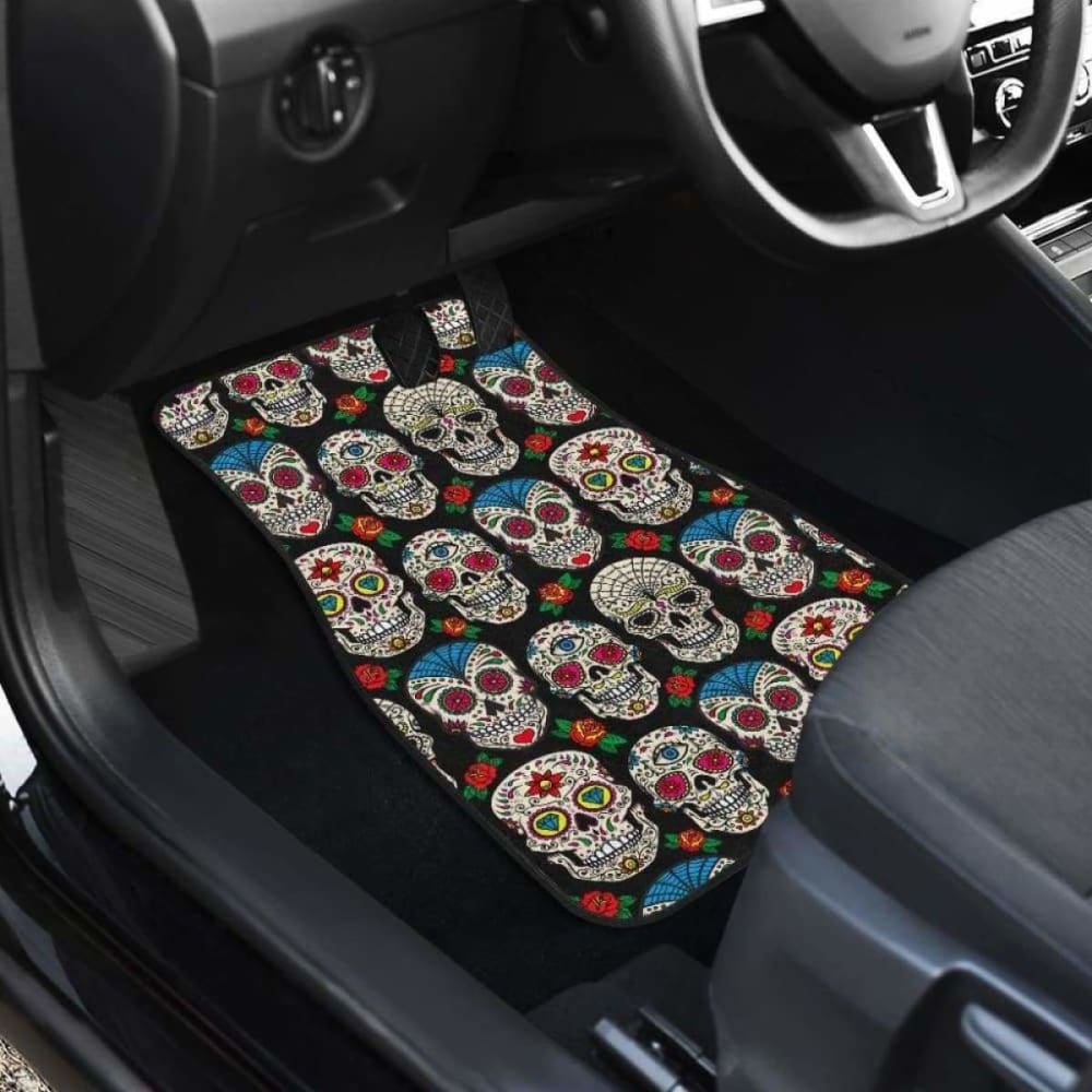 Set 2 Pcs Floral Sugar Skull Day Of The Dead Skull Car Seat Covers 101207