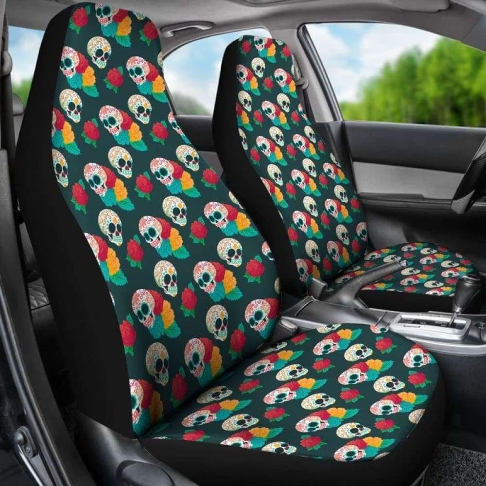 Set 2 Pcs Floral Sugar Skull Day Of The Dead Skull Car Seat Covers 101207