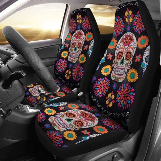 Set 2 Pcs Floral Sugar Skull Day Of The Dead Skull Car Seat Covers 101207