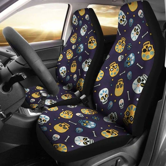 Set 2 Pcs Floral Sugar Skull Day Of The Dead Skull Car Seat Covers 101207