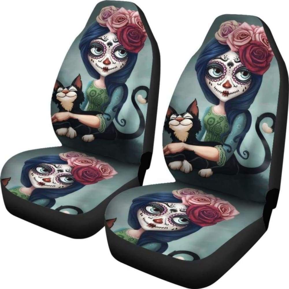 Set 2 Pcs Floral Sugar Skull Day Of The Dead Skull Car Seat Covers 101207