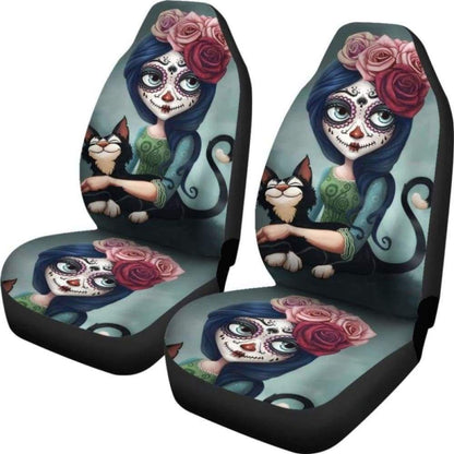 Set 2 Pcs Floral Sugar Skull Day Of The Dead Skull Car Seat Covers 101207