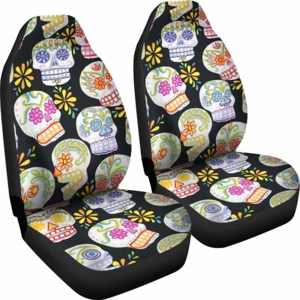 Set 2 Pcs Floral Sugar Skull Day Of The Dead Skull Car Seat Covers 101207