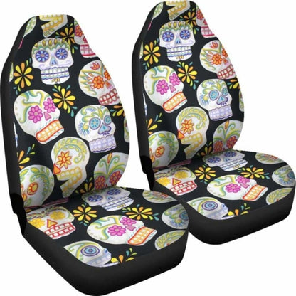 Set 2 Pcs Floral Sugar Skull Day Of The Dead Skull Car Seat Covers 101207