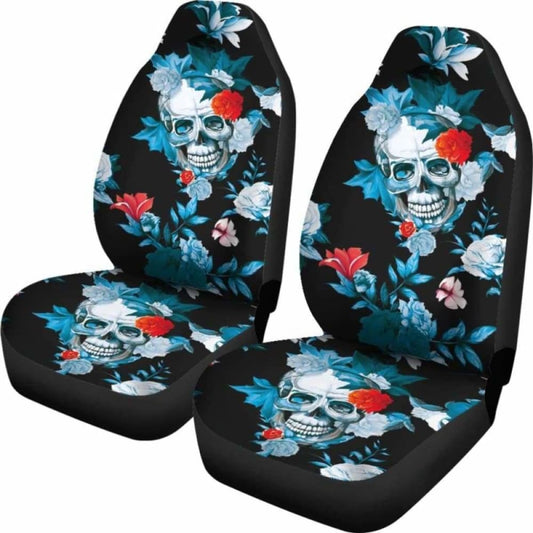 Set 2 Pcs Floral Sugar Skull Day Of The Dead Skull Car Seat Covers 101207