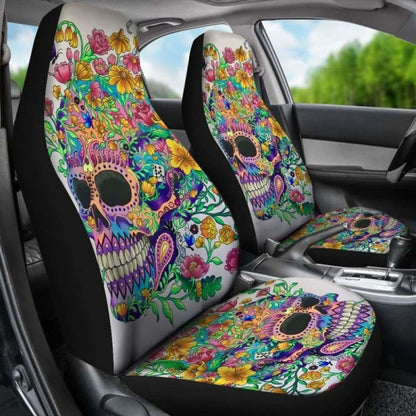 Set 2 Pcs Floral Sugar Skull Day Of The Dead Skull Car Seat Covers 101207