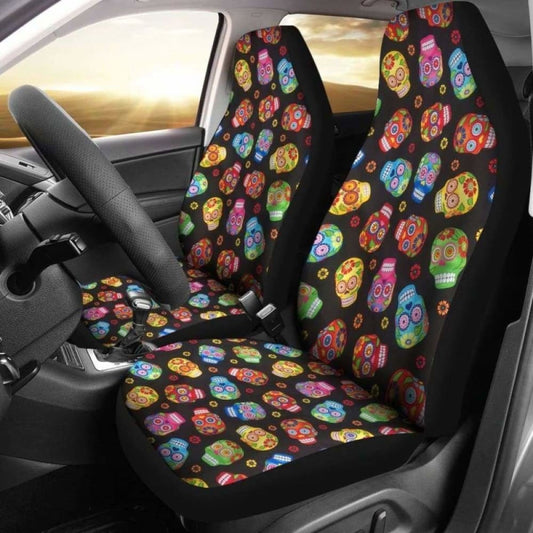 Set 2 Pcs Floral Sugar Skull Day Of The Dead Skull Car Seat Covers 101207