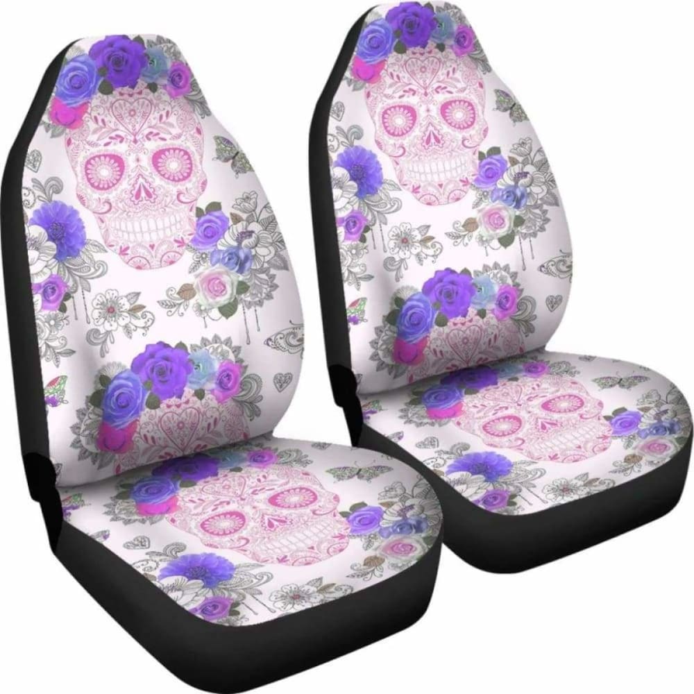 Set 2 Pcs Floral Sugar Skull Day Of The Dead Skull Car Seat Covers 101207