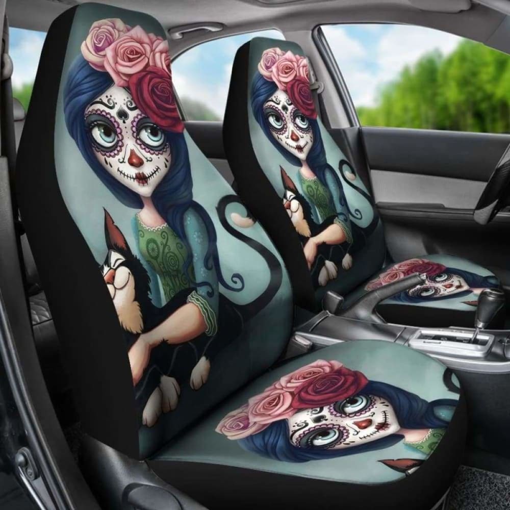 Set 2 Pcs Floral Sugar Skull Day Of The Dead Skull Car Seat Covers 101207