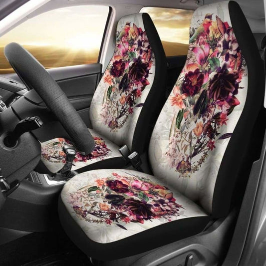 Set 2 Pcs Floral Sugar Skull Day Of The Dead Skull Car Seat Covers 101207