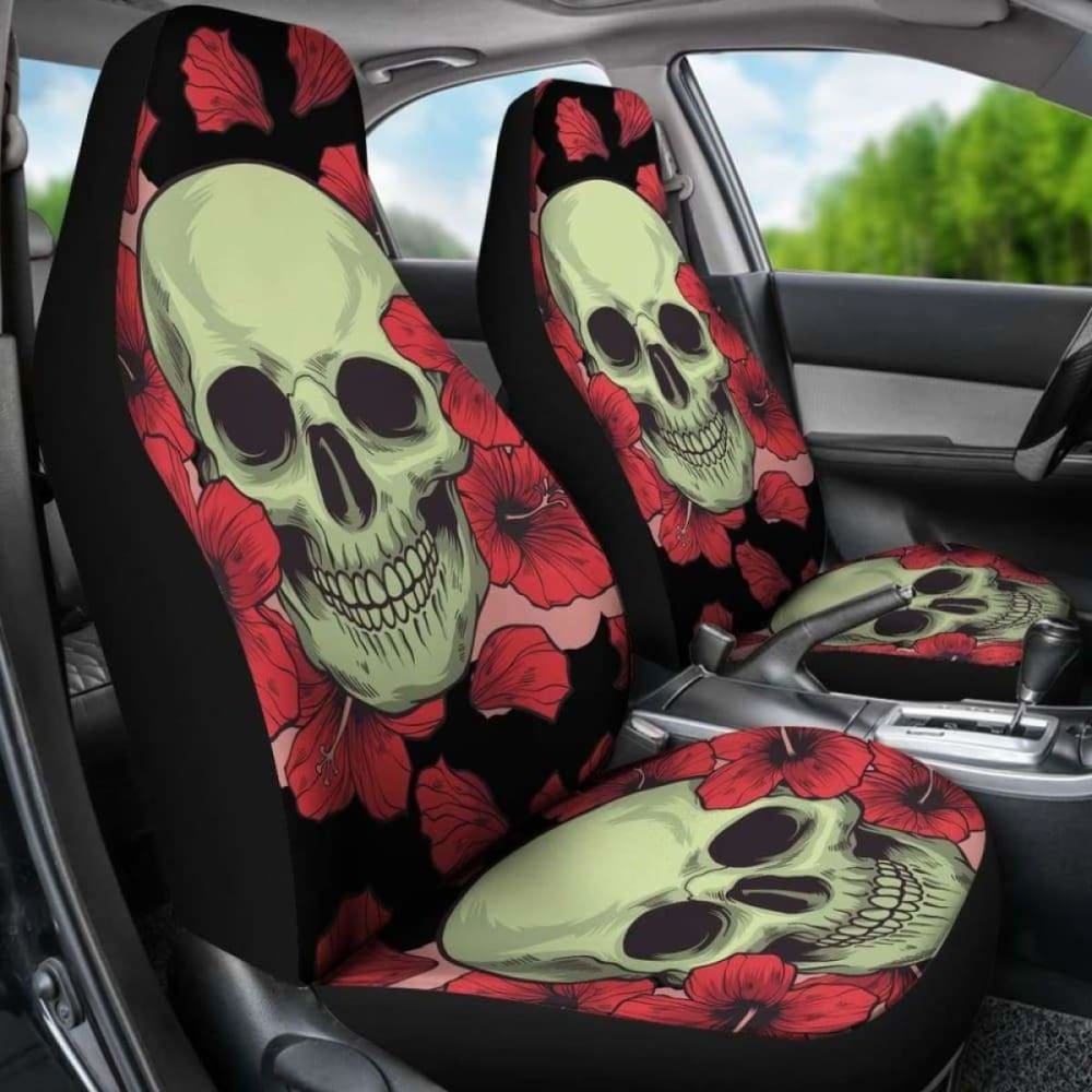 Set 2 Pcs Floral Sugar Skull Day Of The Dead Skull Car Seat Covers 101207
