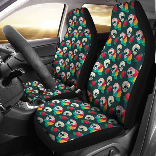 Set 2 Pcs Floral Sugar Skull Day Of The Dead Skull Car Seat Covers 101207