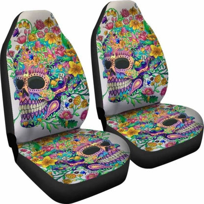 Set 2 Pcs Floral Sugar Skull Day Of The Dead Skull Car Seat Covers 101207