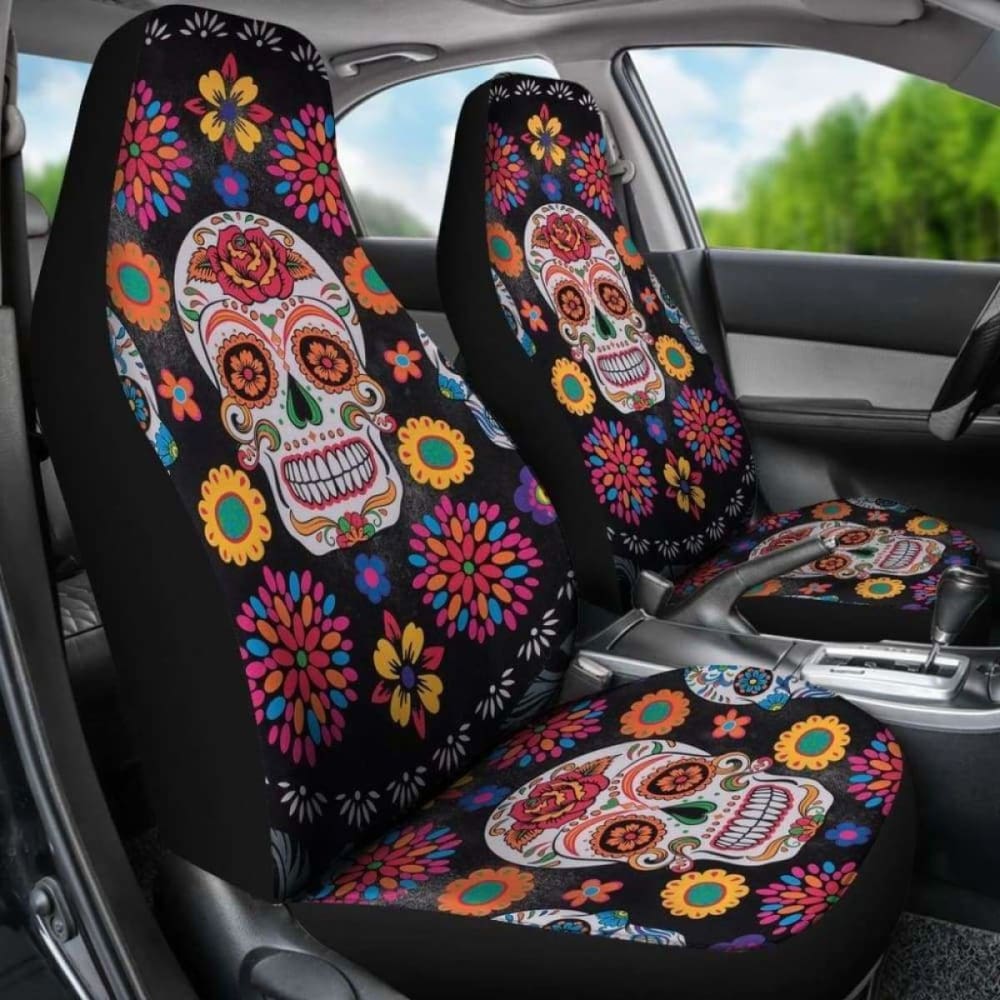 Set 2 Pcs Floral Sugar Skull Day Of The Dead Skull Car Seat Covers 101207