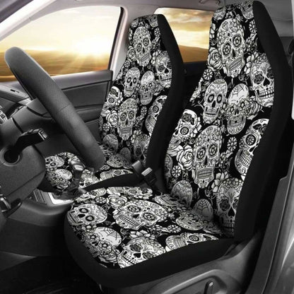 Set 2 Pcs Floral Sugar Skull Day Of The Dead Skull Car Seat Covers 101207